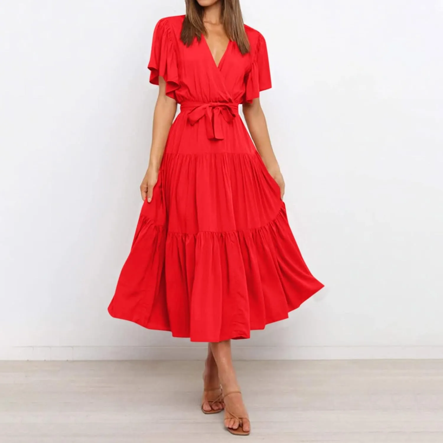 Maxi Dress for Women,2024 Summer Elegant V Neck Short Sleeve Beach Dress, Trendy Flowy Tiered A-Line Boho Dress