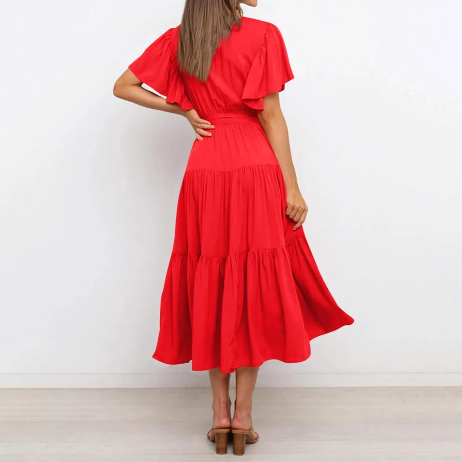 Maxi Dress for Women,2024 Summer Elegant V Neck Short Sleeve Beach Dress, Trendy Flowy Tiered A-Line Boho Dress