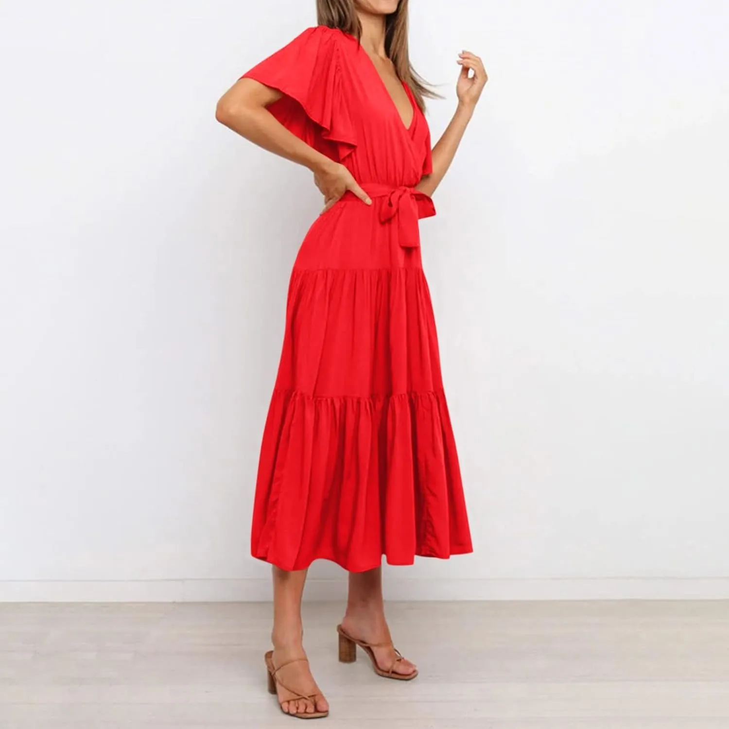 Maxi Dress for Women,2024 Summer Elegant V Neck Short Sleeve Beach Dress, Trendy Flowy Tiered A-Line Boho Dress