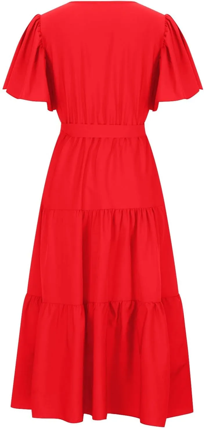 Maxi Dress for Women,2024 Summer Elegant V Neck Short Sleeve Beach Dress, Trendy Flowy Tiered A-Line Boho Dress