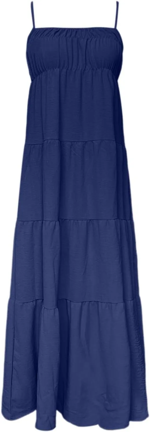 Maxi Dresses for Women 2025 Summer Spaghetti Strap Ruffle Tired Backless Sleeveless Midi Dress Beach Sundress