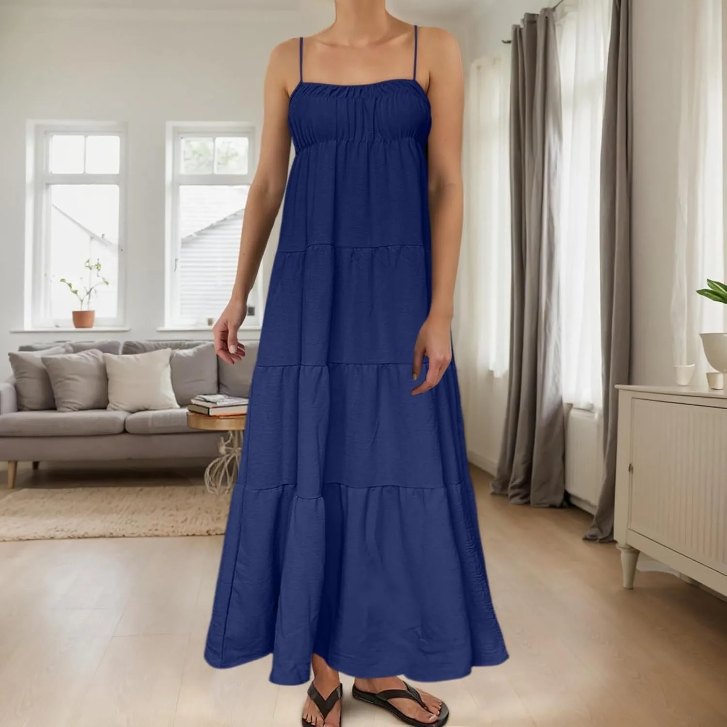 Maxi Dresses for Women 2025 Summer Spaghetti Strap Ruffle Tired Backless Sleeveless Midi Dress Beach Sundress