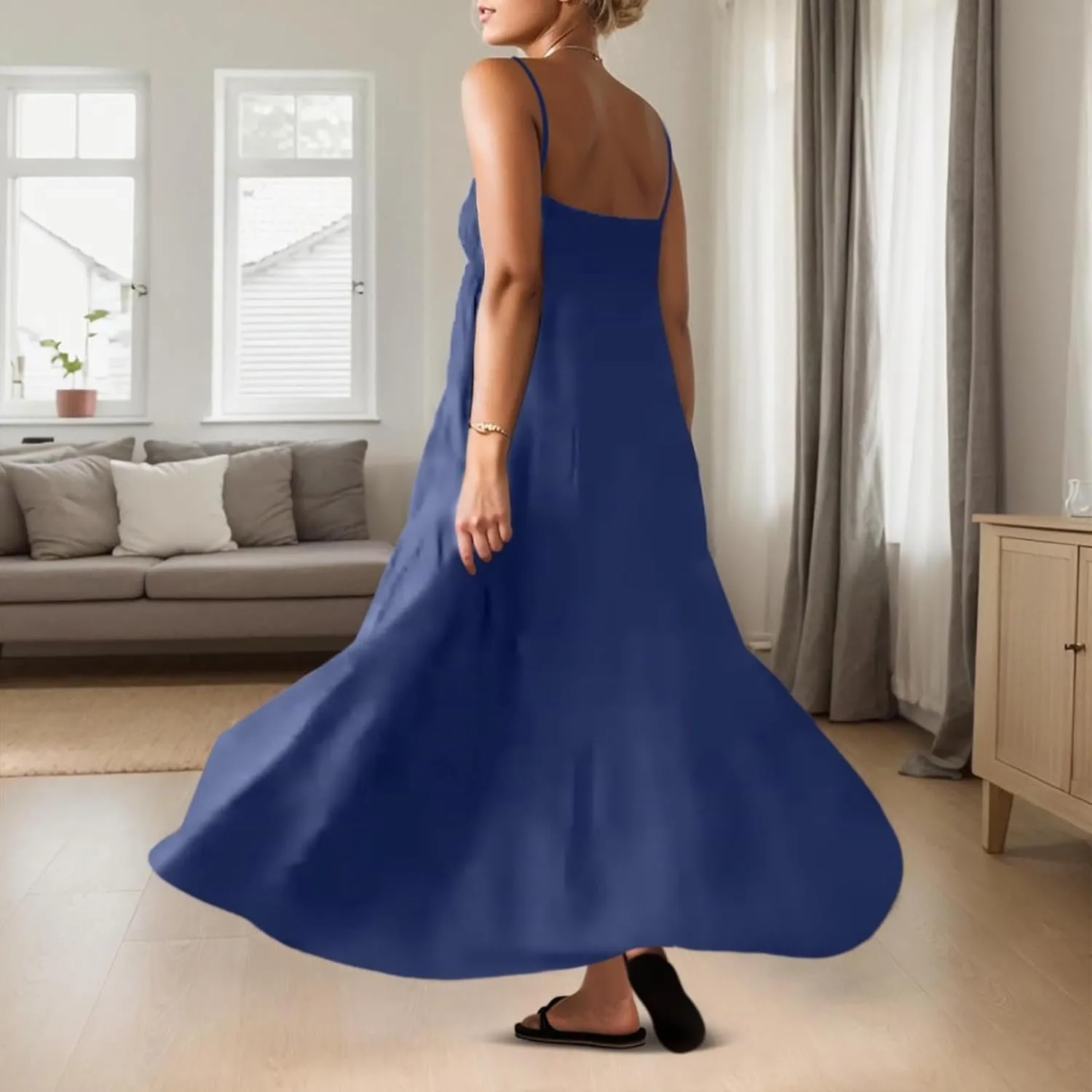 Maxi Dresses for Women 2025 Summer Spaghetti Strap Ruffle Tired Backless Sleeveless Midi Dress Beach Sundress