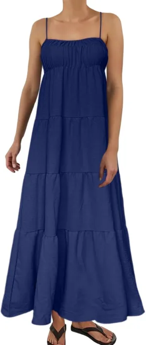Maxi Dresses for Women 2025 Summer Spaghetti Strap Ruffle Tired Backless Sleeveless Midi Dress Beach Sundress