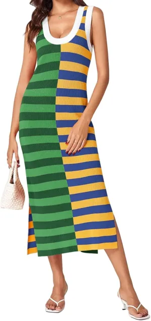 Maxi Dresses for Women 2025 Sundress Knitted Sleeveless U Neck Tank Tops Striped Dresses Color Block Fashion Trendy