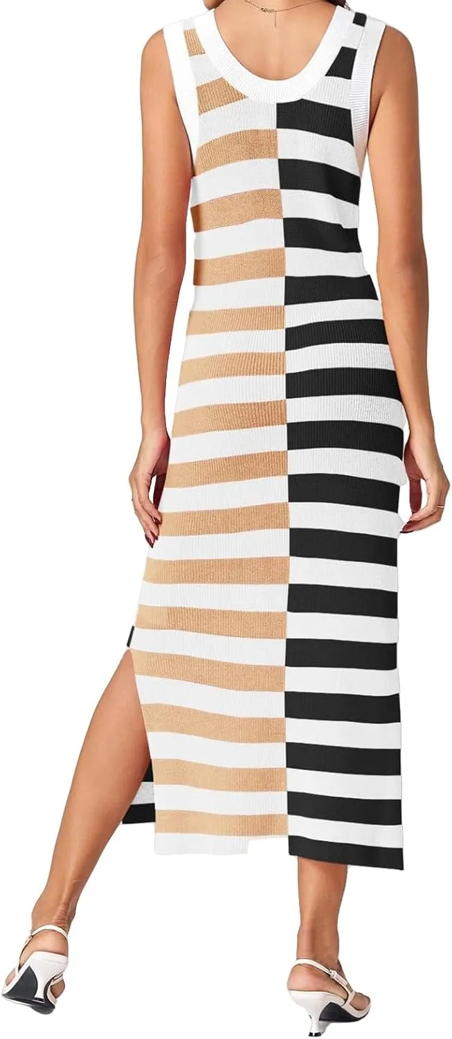 Maxi Dresses for Women 2025 Sundress Knitted Sleeveless U Neck Tank Tops Striped Dresses Color Block Fashion Trendy