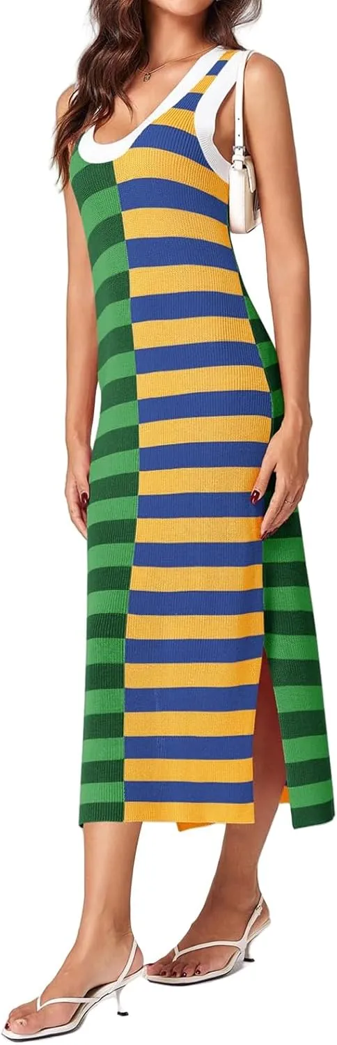 Maxi Dresses for Women 2025 Sundress Knitted Sleeveless U Neck Tank Tops Striped Dresses Color Block Fashion Trendy