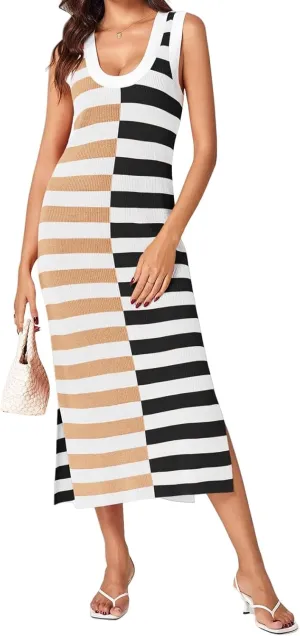 Maxi Dresses for Women 2025 Sundress Knitted Sleeveless U Neck Tank Tops Striped Dresses Color Block Fashion Trendy