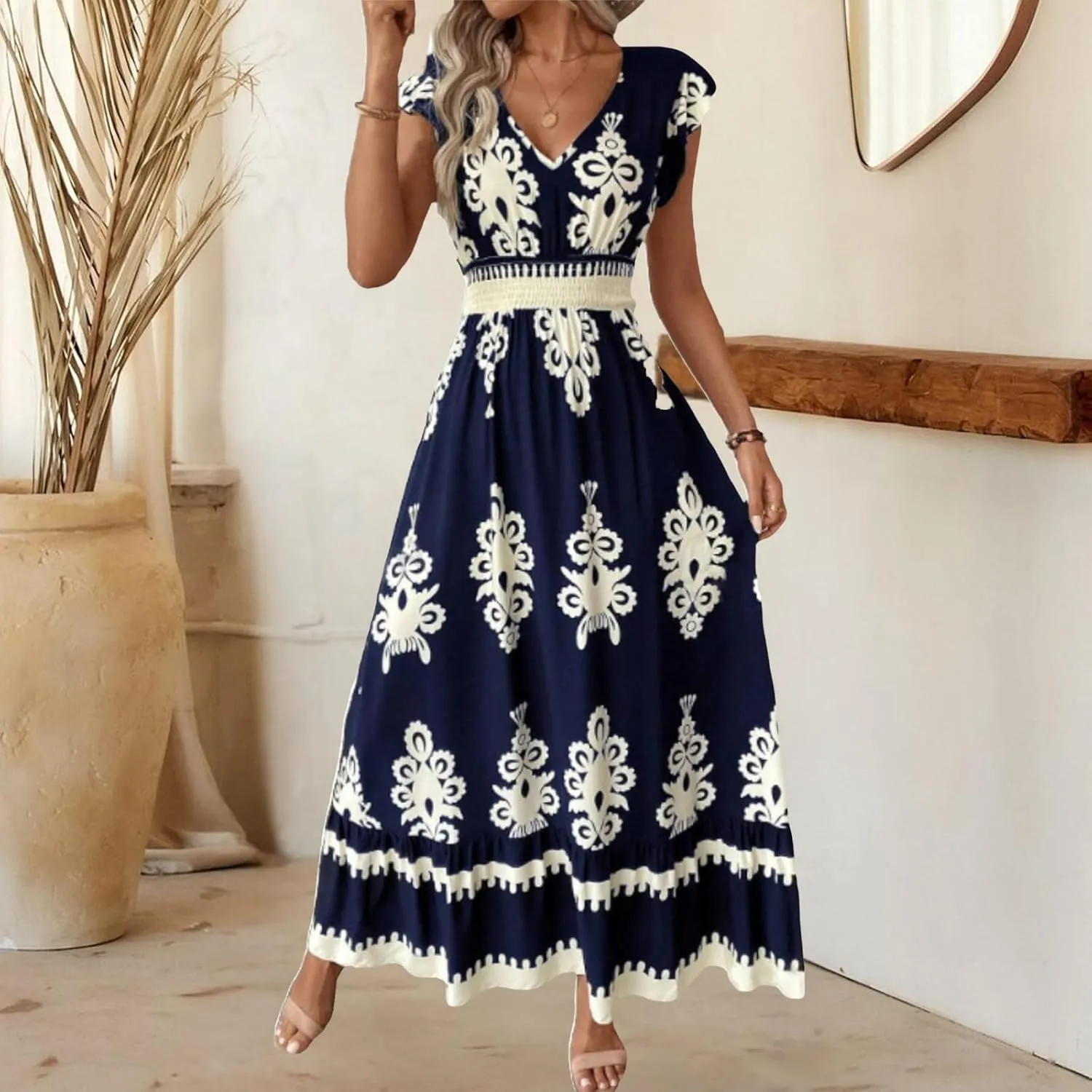 Maxi Dresses for Women Casual V Neck Cap Sleeve Boho Long Dresses Summer Drawstring Waist A-Line Flowy Dress
