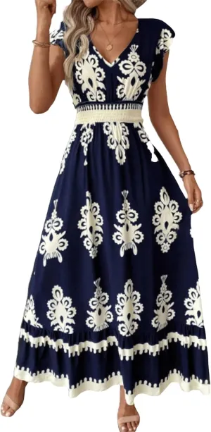 Maxi Dresses for Women Casual V Neck Cap Sleeve Boho Long Dresses Summer Drawstring Waist A-Line Flowy Dress