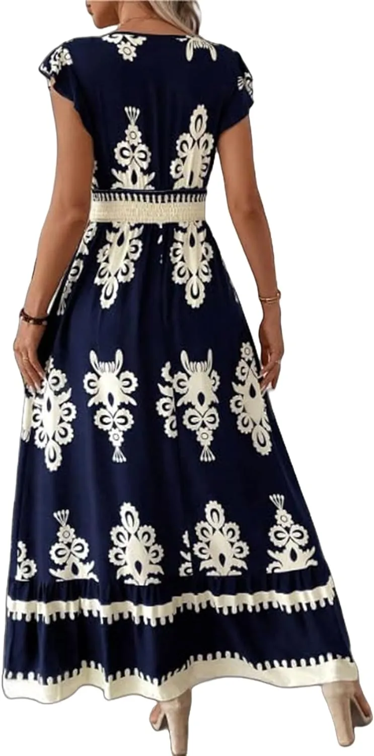 Maxi Dresses for Women Casual V Neck Cap Sleeve Boho Long Dresses Summer Drawstring Waist A-Line Flowy Dress