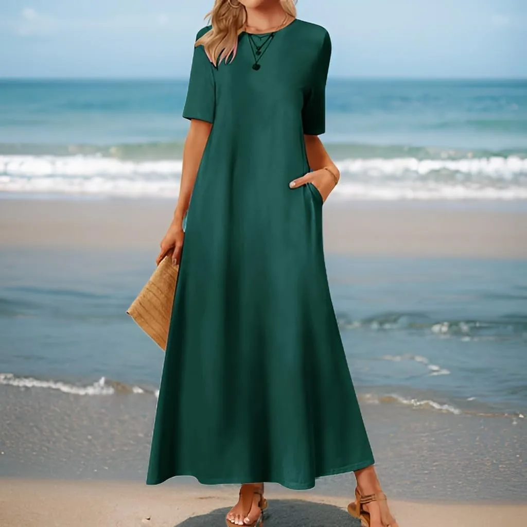 Maxi Dressess for Women Summer Crewneck Short Sleeve Maxi Dress Casual Dressy Flowy Flutter Ruffle Hem Dress 2025