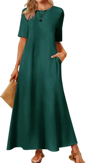 Maxi Dressess for Women Summer Crewneck Short Sleeve Maxi Dress Casual Dressy Flowy Flutter Ruffle Hem Dress 2025