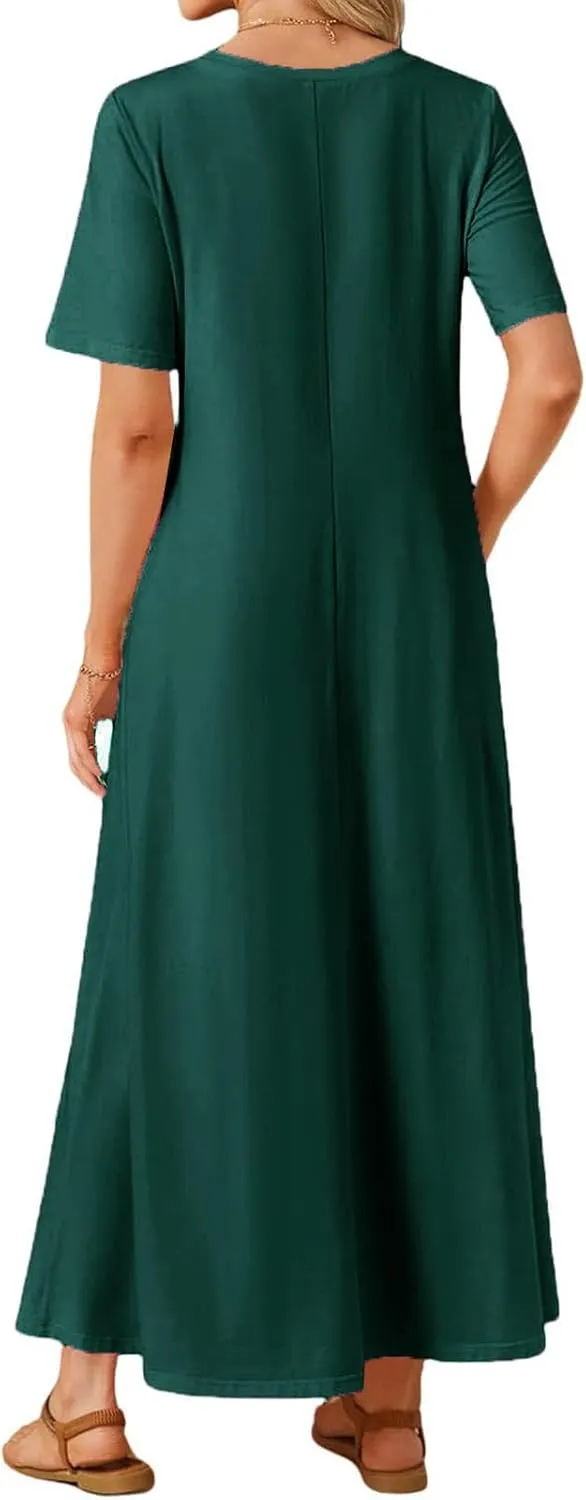 Maxi Dressess for Women Summer Crewneck Short Sleeve Maxi Dress Casual Dressy Flowy Flutter Ruffle Hem Dress 2025