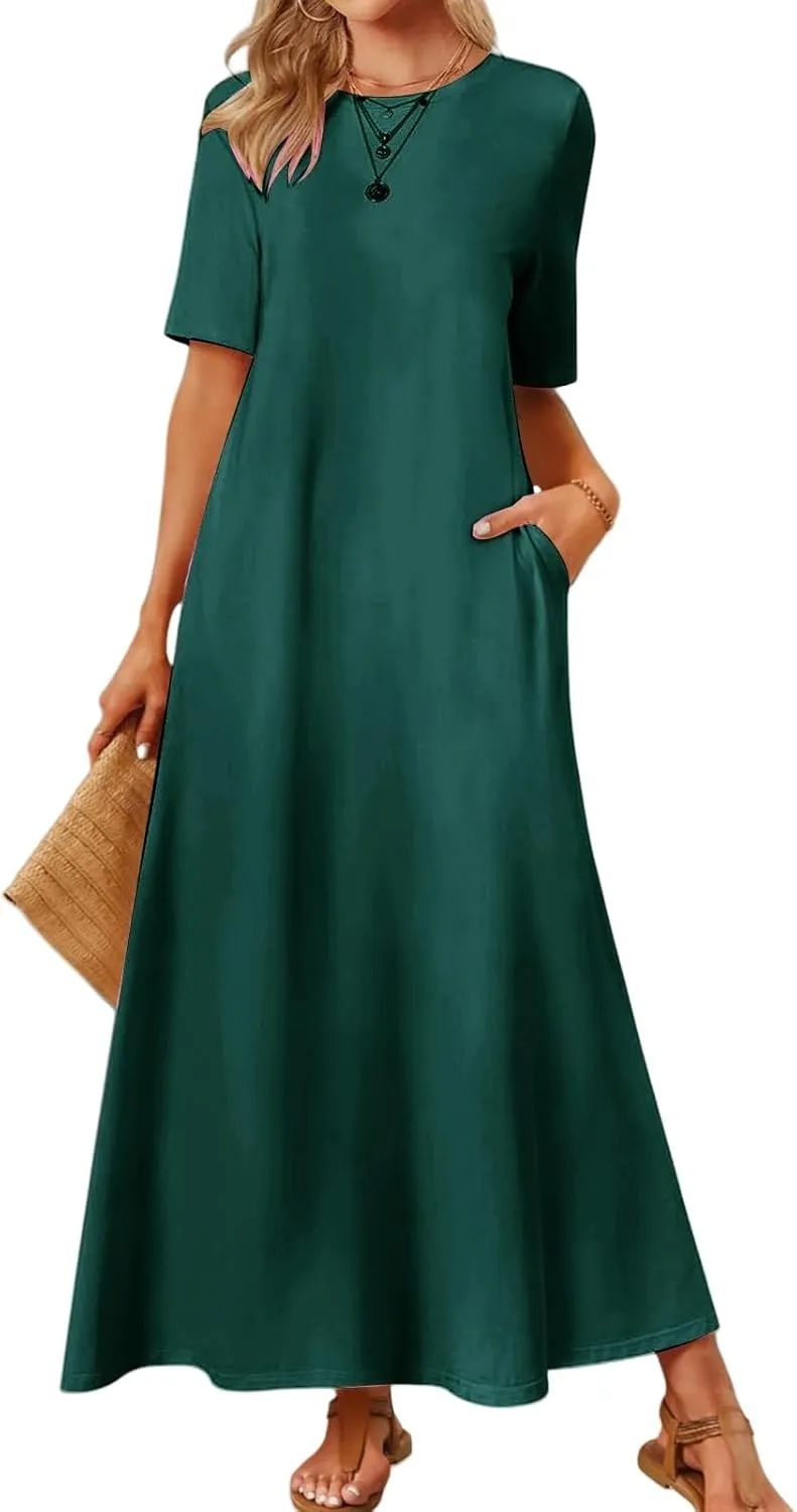 Maxi Dressess for Women Summer Crewneck Short Sleeve Maxi Dress Casual Dressy Flowy Flutter Ruffle Hem Dress 2025
