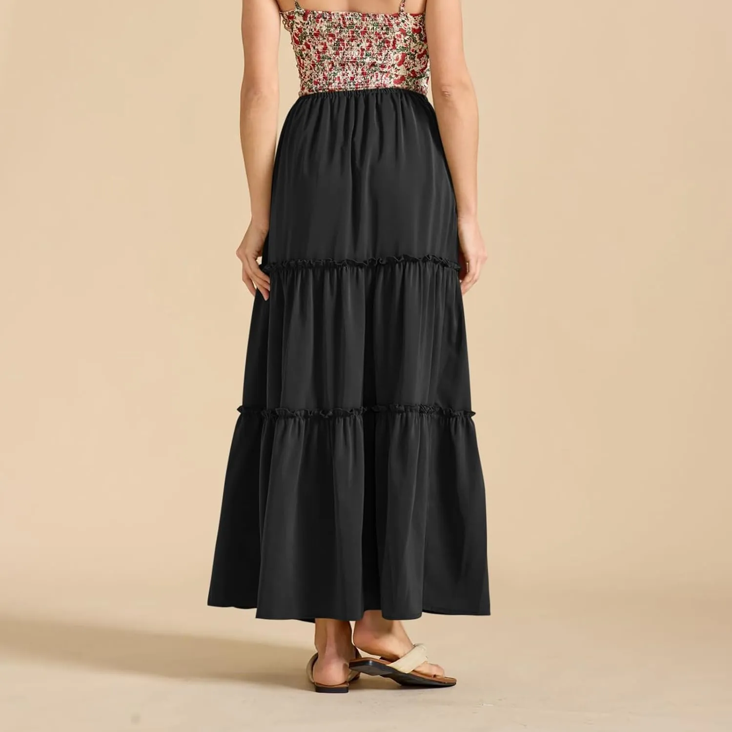 Maxi Skirts for Women Tiered Long Skirts Pleated A Line Adjustable Elastic Waist with Drawstring Flowy Long Graduation Skirt