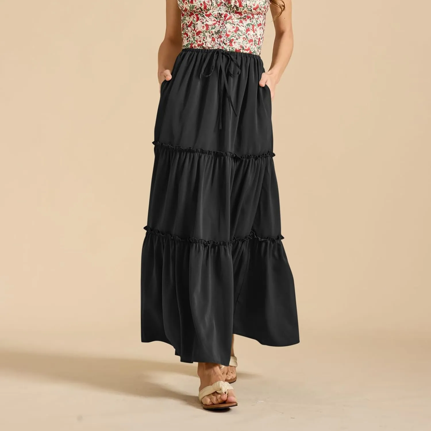 Maxi Skirts for Women Tiered Long Skirts Pleated A Line Adjustable Elastic Waist with Drawstring Flowy Long Graduation Skirt