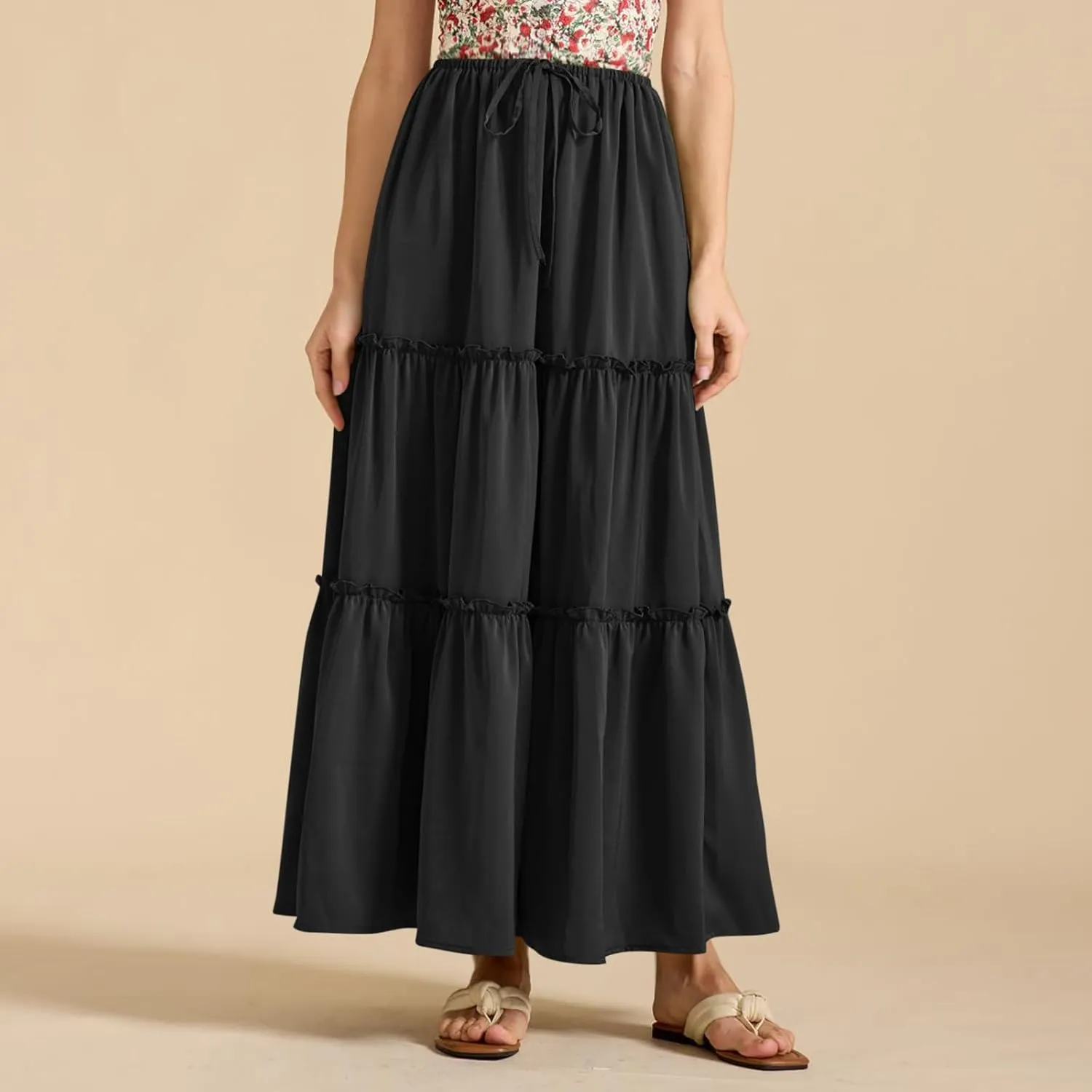 Maxi Skirts for Women Tiered Long Skirts Pleated A Line Adjustable Elastic Waist with Drawstring Flowy Long Graduation Skirt