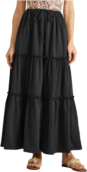 Maxi Skirts for Women Tiered Long Skirts Pleated A Line Adjustable Elastic Waist with Drawstring Flowy Long Graduation Skirt