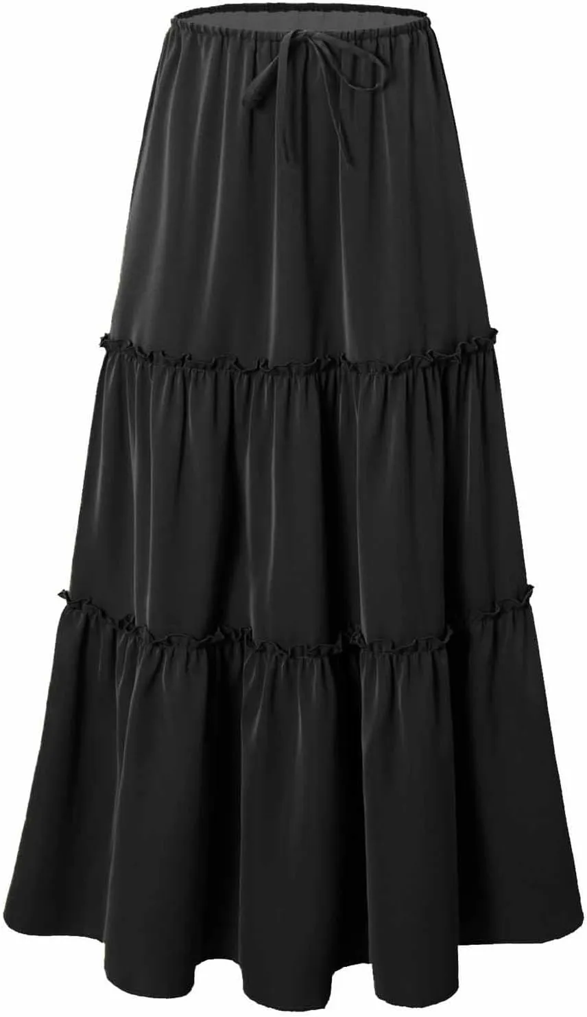 Maxi Skirts for Women Tiered Long Skirts Pleated A Line Adjustable Elastic Waist with Drawstring Flowy Long Graduation Skirt