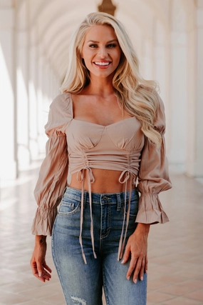Means To An End Ruched Front Long Sleeve Crop Top (Taupe) UVProtection