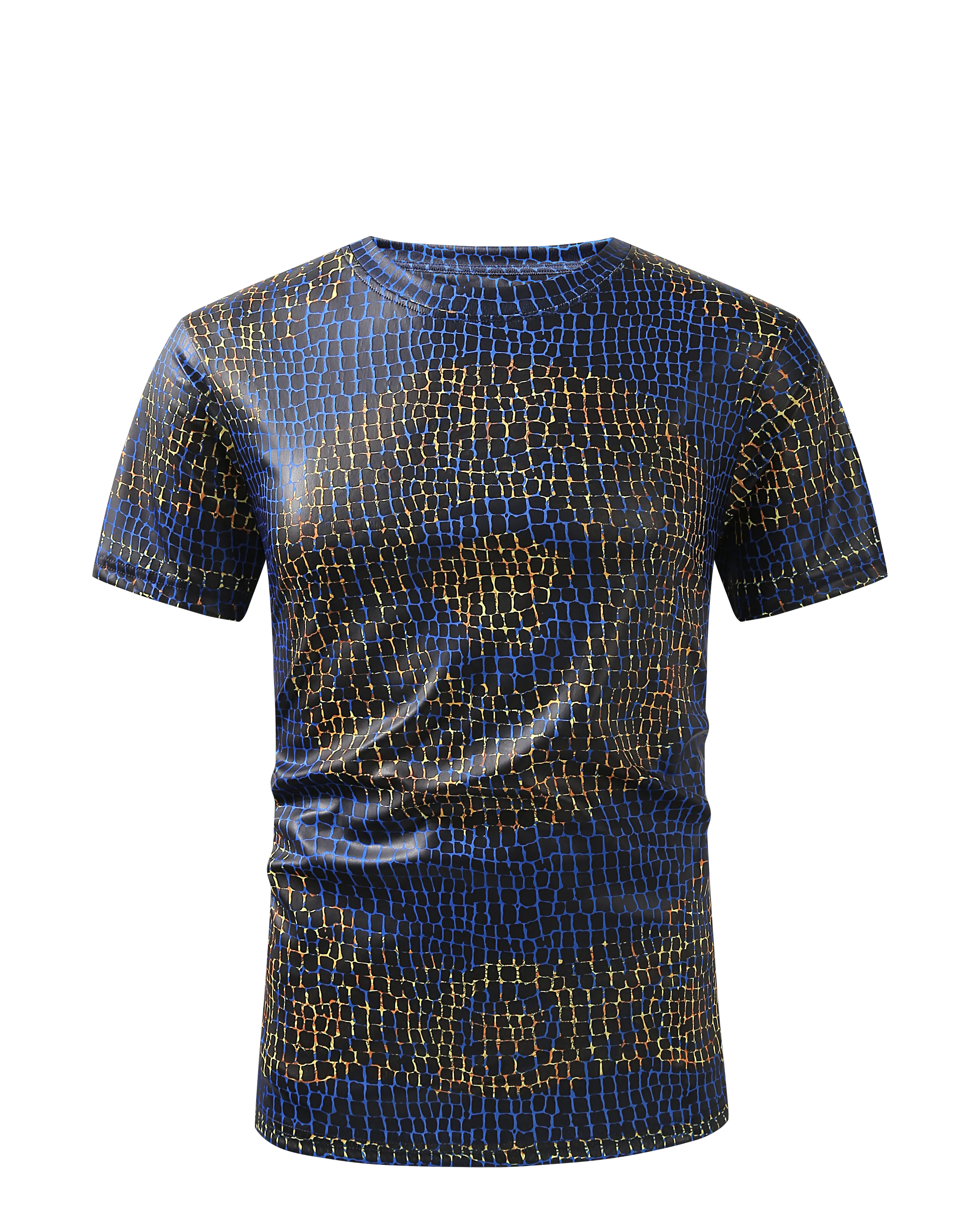 Men PREMIERE SLIM FIT Short Sleeve T SHIRT BLACK BLUE GOLD REPTILE CROCODILE SKIN PRINT Designer Shirt