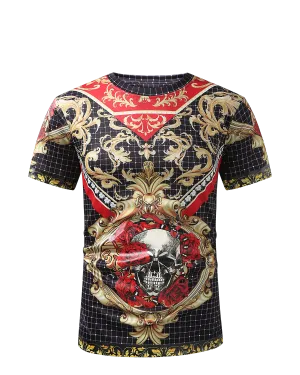 Men PREMIERE SLIM FIT Short Sleeve T SHIRT BLACK RED SKULL ROSE CHAIN PRINT Designer Shirt