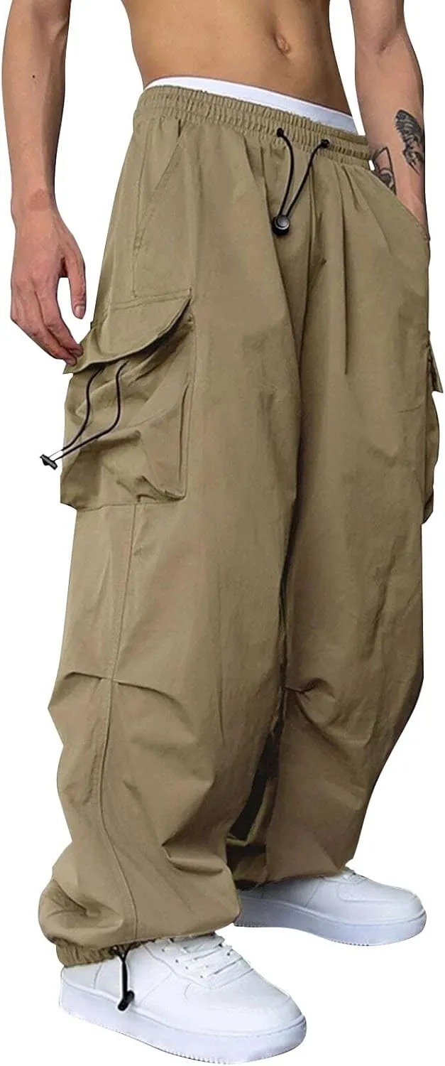 Mens Baggy Cargo Pants Loose Fit Trendy Multi Pocket Parachute Pants Elastic Waist Drawstring Streetwear Trousers