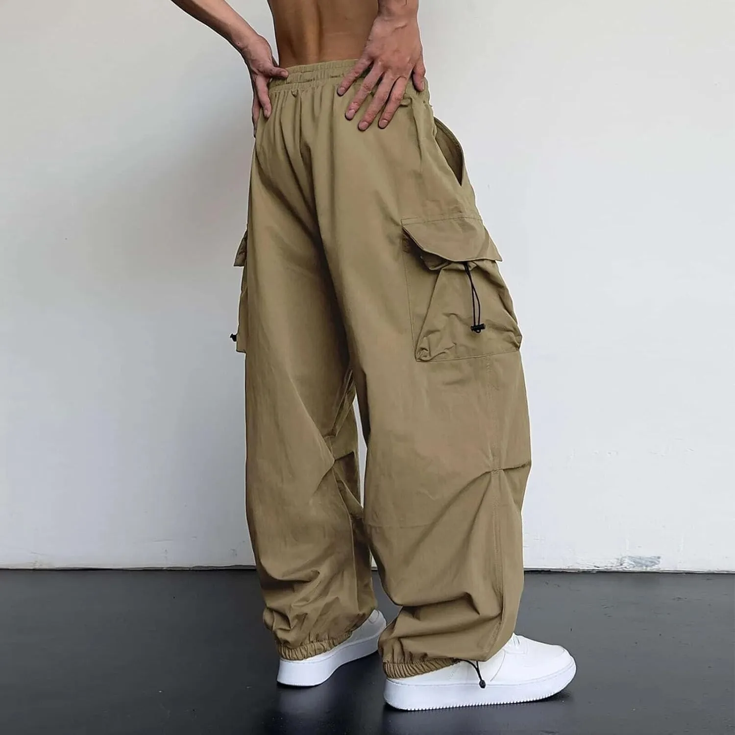 Mens Baggy Cargo Pants Loose Fit Trendy Multi Pocket Parachute Pants Elastic Waist Drawstring Streetwear Trousers