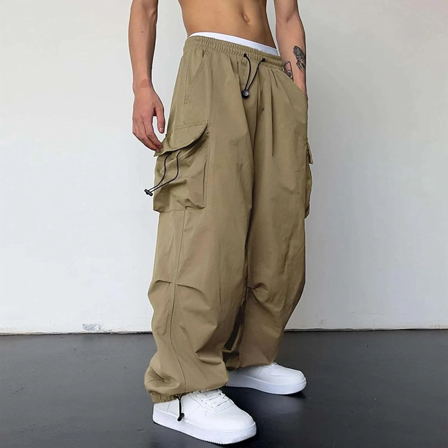 Mens Baggy Cargo Pants Loose Fit Trendy Multi Pocket Parachute Pants Elastic Waist Drawstring Streetwear Trousers
