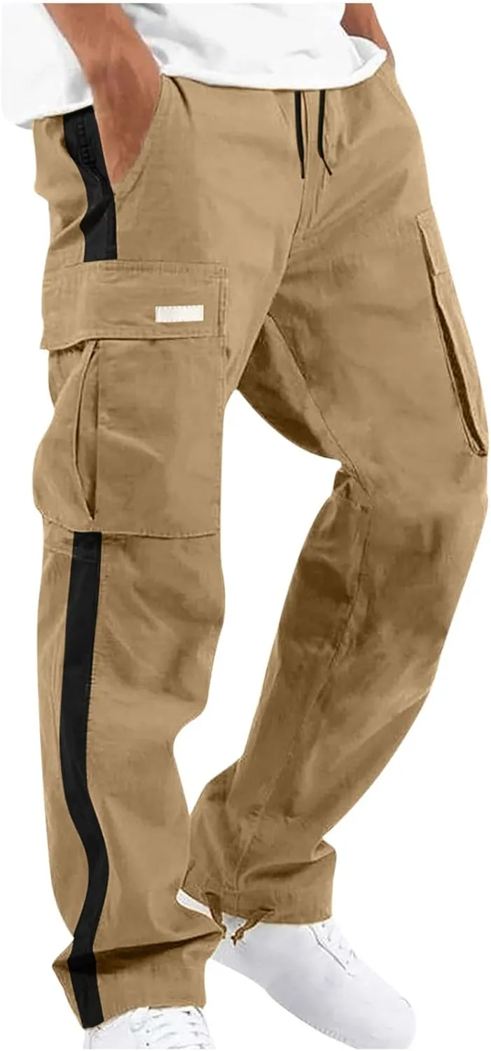 Mens Cargo Pants Elastic Waist Drawstring Athletic Joggers Pants Loose Baggy Outdoor Tapered Straight Leg Sweatpants