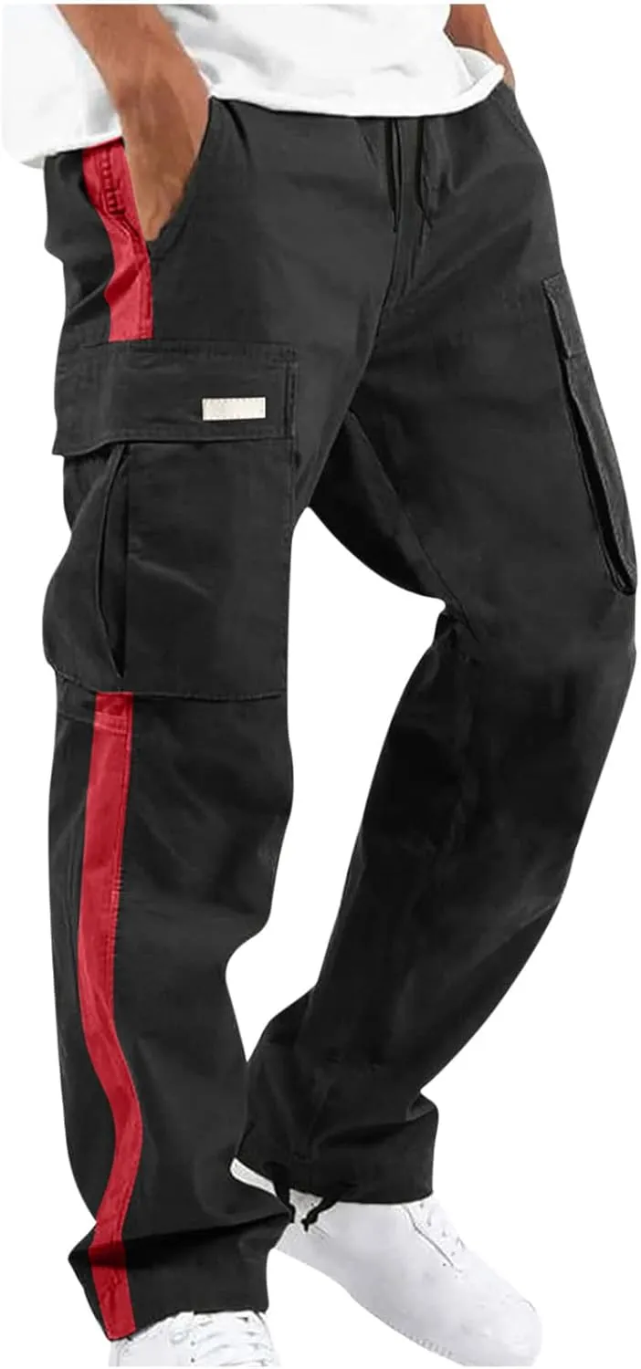 Mens Cargo Pants Elastic Waist Drawstring Athletic Joggers Pants Loose Baggy Outdoor Tapered Straight Leg Sweatpants