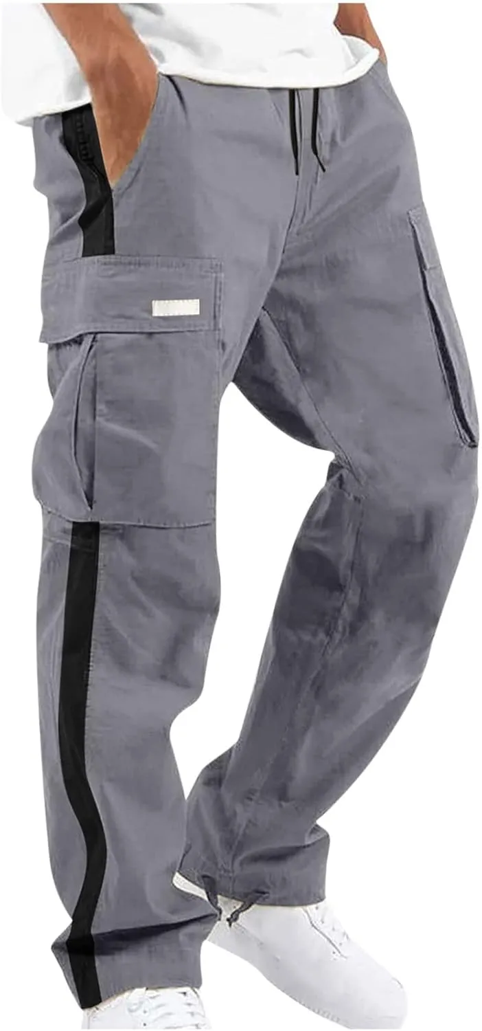 Mens Cargo Pants Elastic Waist Drawstring Athletic Joggers Pants Loose Baggy Outdoor Tapered Straight Leg Sweatpants