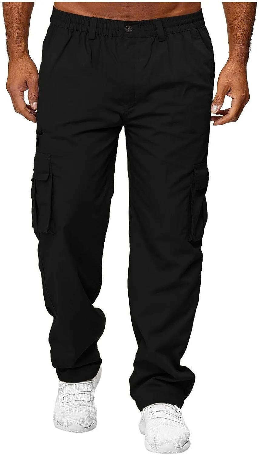 Mens Cargo Pants Relaxed Fit Stretch WaistMultiple Pockets PantsElastic Waist Cargo Sweatpants Fashion Trousers