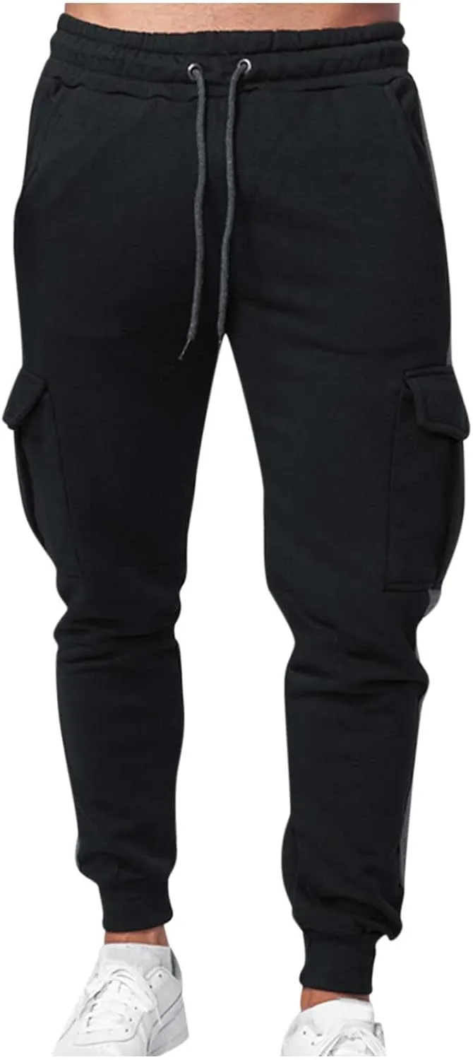 Mens Cargo Pants Skinny-Fit Drawstring Elastic Waist Multi Pockets Slacks Tapered Outdoor Fashion Utility Pants