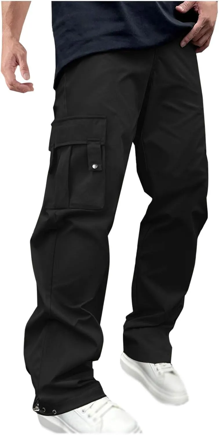 Mens Cargo Pants with Multi Pockets Drawstring Elastic Waisted Casual Trousers Outdoor Hiking Athletic Jogging Pants