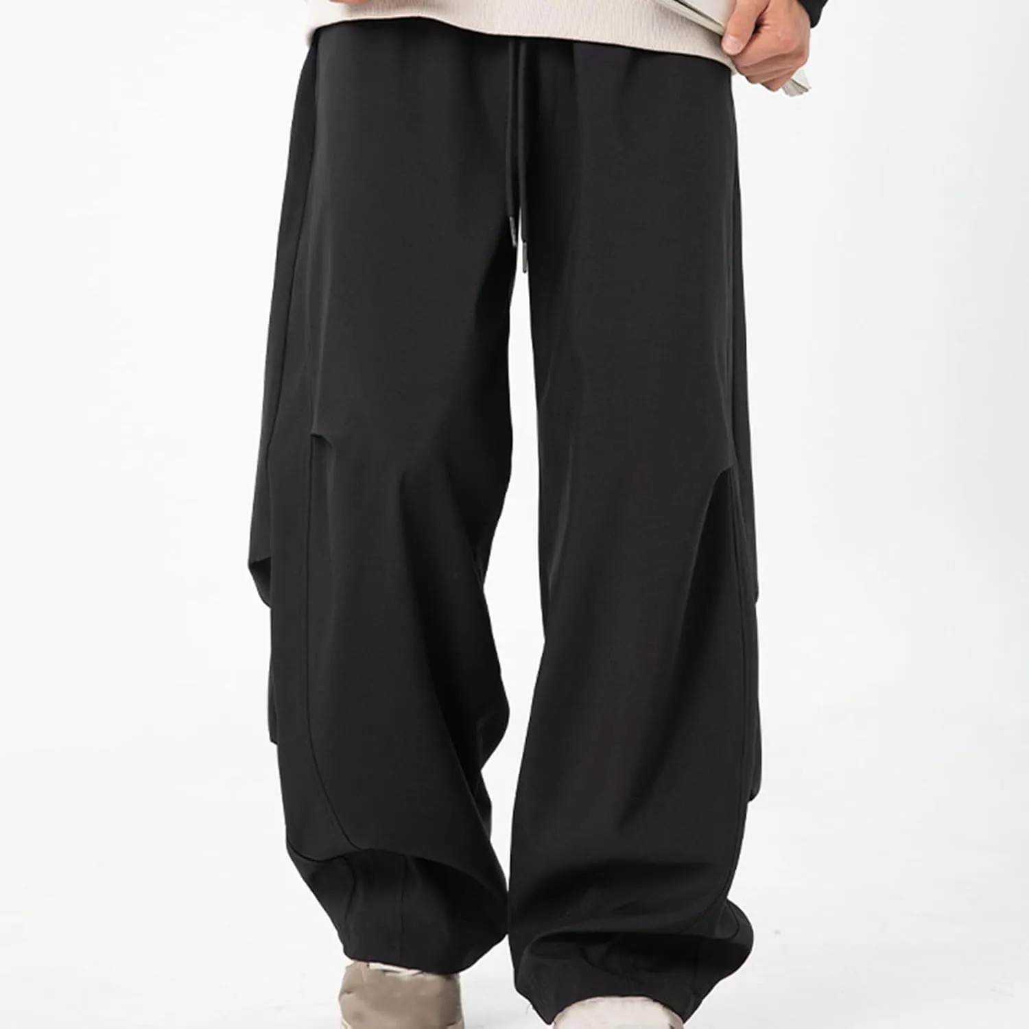 Mens Cargo Pants with Pockets Lounge Elastic High Waist Hiking Trousers Spring Fashion Baggy Straight Wide Leg Slacks