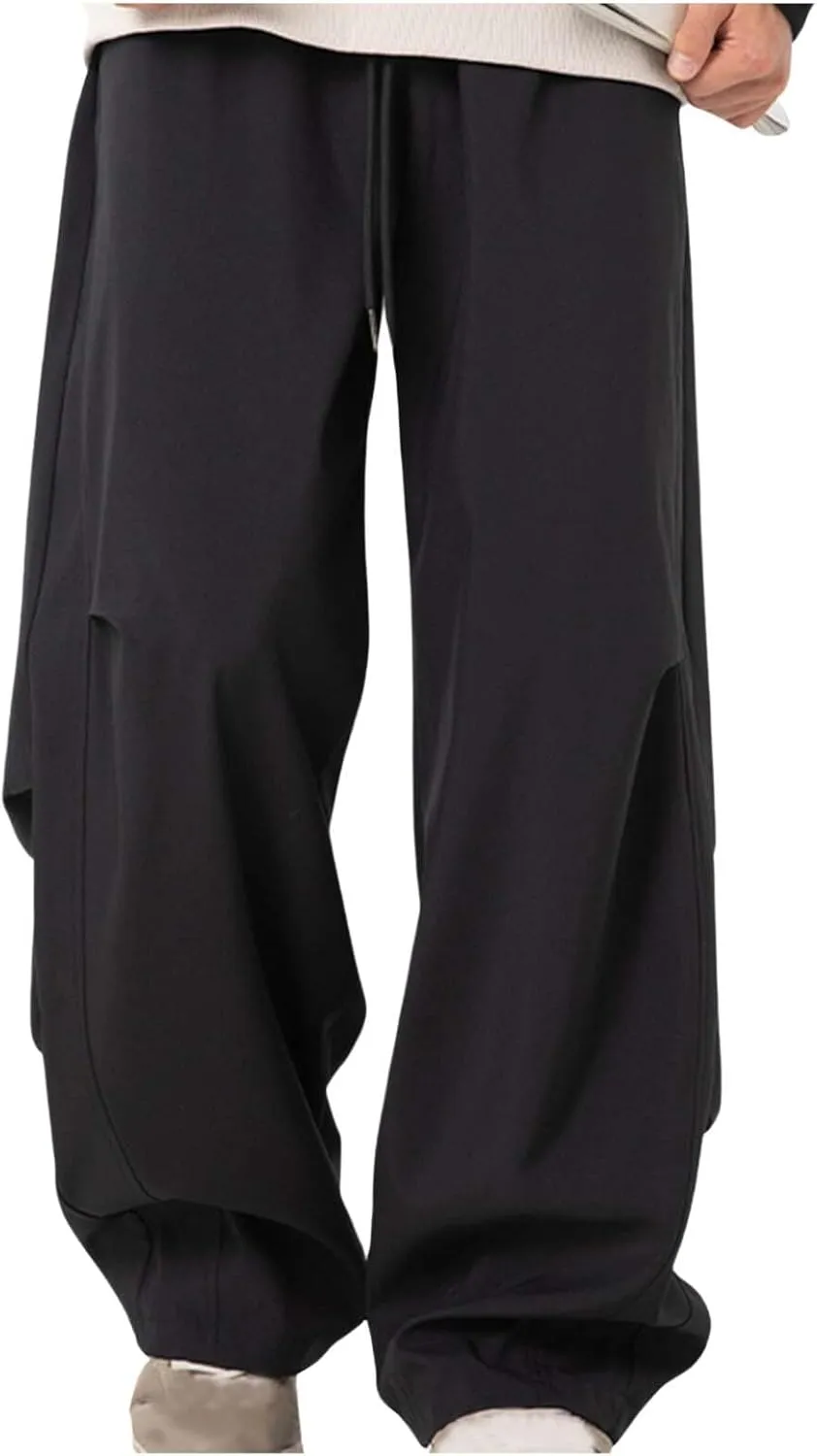Mens Cargo Pants with Pockets Lounge Elastic High Waist Hiking Trousers Spring Fashion Baggy Straight Wide Leg Slacks