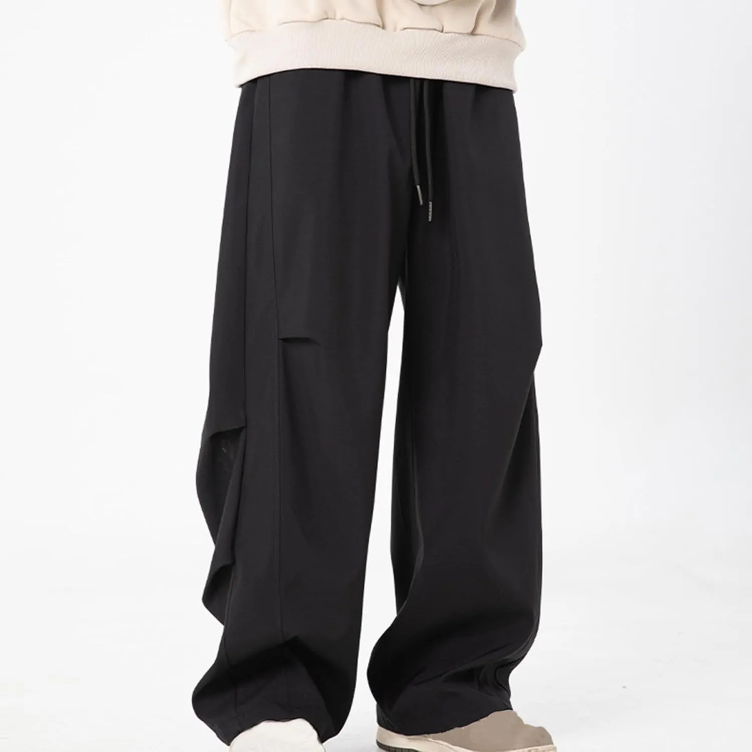 Mens Cargo Pants with Pockets Lounge Elastic High Waist Hiking Trousers Spring Fashion Baggy Straight Wide Leg Slacks