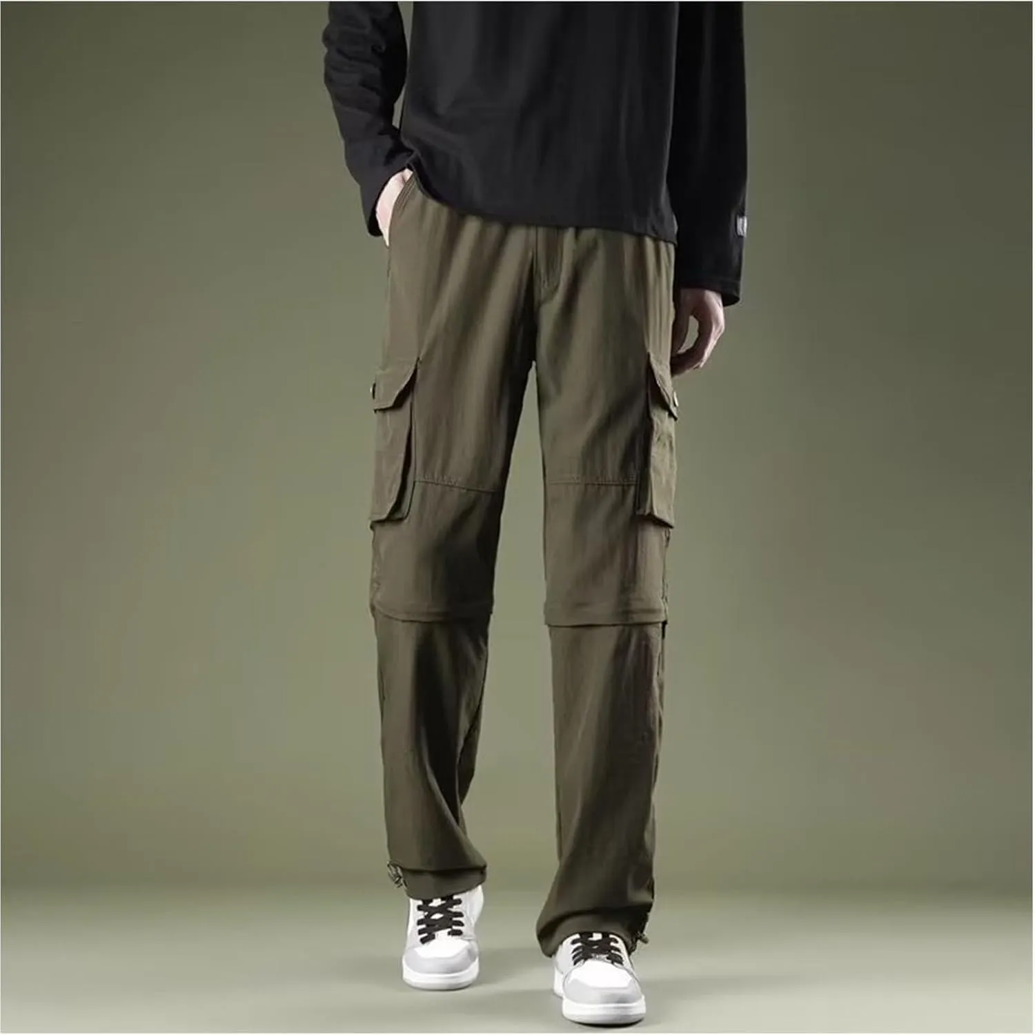 Mens Cargo Pants with Pockets Lounge Elastic High Waist Hiking Trousers Spring Fashion Baggy Straight Wide Leg Slacks