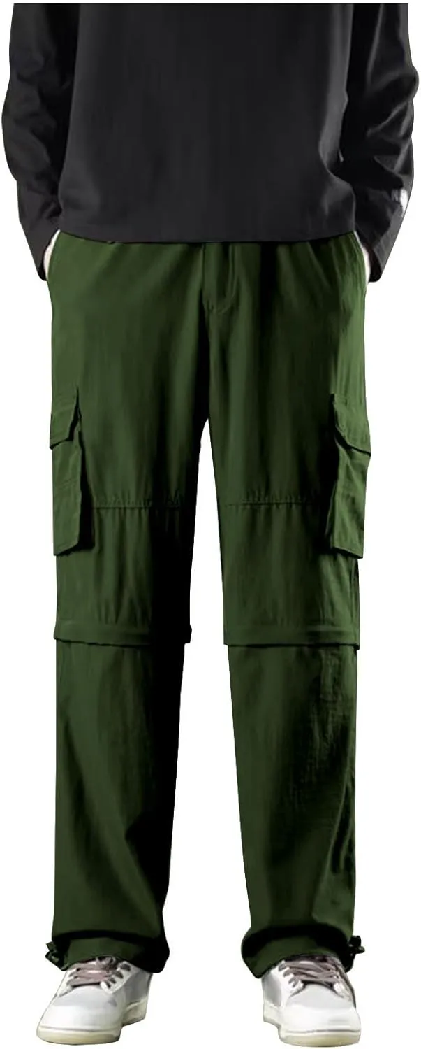 Mens Cargo Pants with Pockets Lounge Elastic High Waist Hiking Trousers Spring Fashion Baggy Straight Wide Leg Slacks