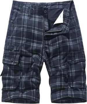 Mens Cargo Shorts Cotton Work Shorts Multi Pocket Workout Shorts Loose Fit Outdoor Shorts Relaxed Fit Plaid Shorts