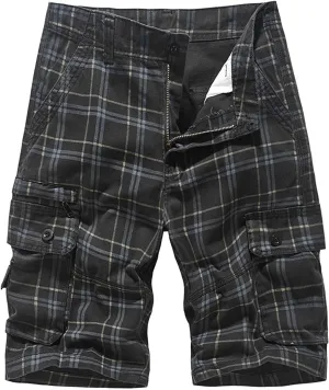 Mens Cargo Shorts Cotton Work Shorts Multi Pocket Workout Shorts Loose Fit Outdoor Shorts Relaxed Fit Plaid Shorts