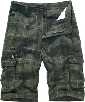 Mens Cargo Shorts Cotton Work Shorts Multi Pocket Workout Shorts Loose Fit Outdoor Shorts Relaxed Fit Plaid Shorts