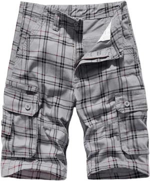 Mens Cargo Shorts Cotton Work Shorts Multi Pocket Workout Shorts Loose Fit Outdoor Shorts Relaxed Fit Plaid Shorts