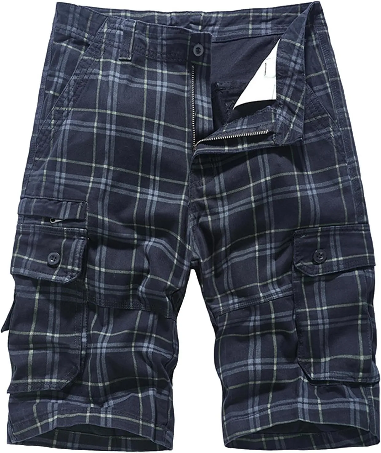Mens Cargo Shorts Cotton Work Shorts Multi Pocket Workout Shorts Loose Fit Outdoor Shorts Relaxed Fit Plaid Shorts
