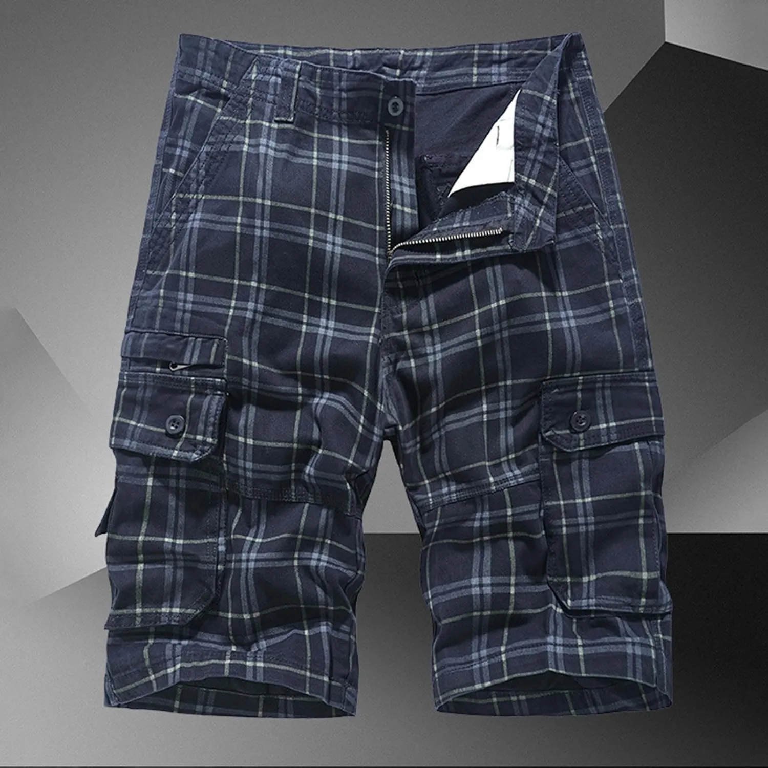Mens Cargo Shorts Cotton Work Shorts Multi Pocket Workout Shorts Loose Fit Outdoor Shorts Relaxed Fit Plaid Shorts
