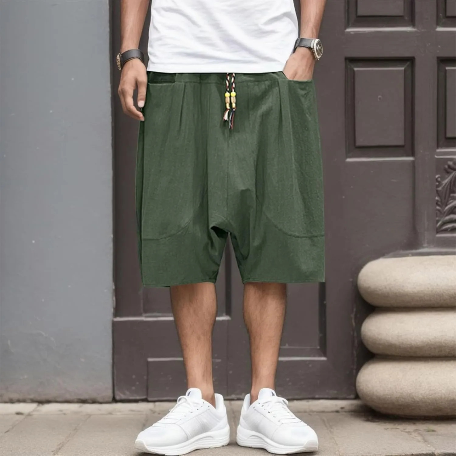 Mens Casual Shorts Elastic Waist Drawstring Shorts Stretch Summer Beach Shorts with Pockets