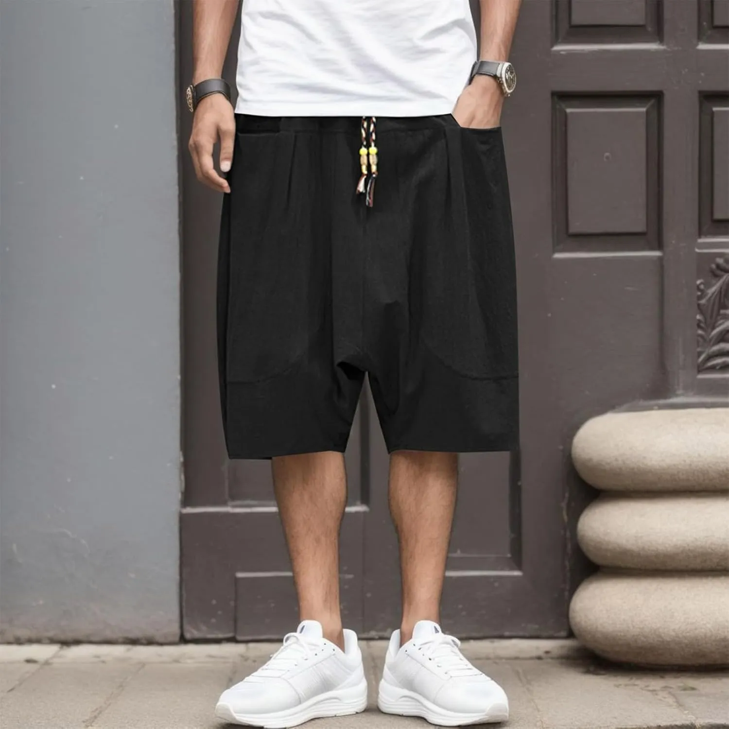 Mens Casual Shorts Elastic Waist Drawstring Shorts Stretch Summer Beach Shorts with Pockets