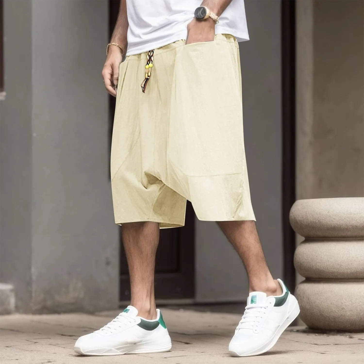 Mens Casual Shorts Elastic Waist Drawstring Shorts Stretch Summer Beach Shorts with Pockets